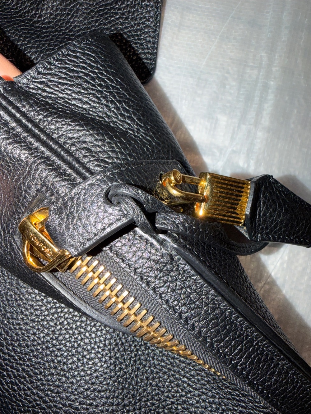 Tom Ford | Black Tote Pebbled Calfskin Leather Shoulder Bag with Gold Zip Detail - Picture 4 of 5
